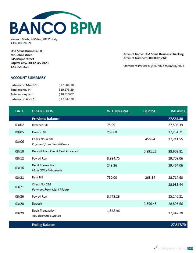 Download Banco BPM enterprise statement Word and PDF template Photoshop template